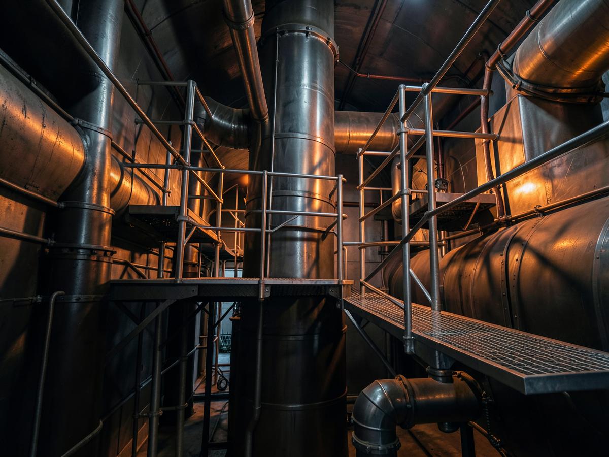Access platforms among elevated industrial piping and equipment